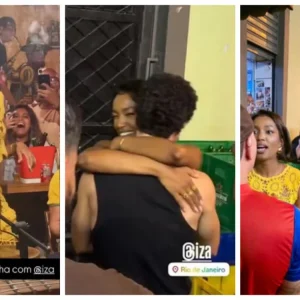 Iza é vista em roda de samba no Centro do Rio ao lado do namorado João Vitor Silva, curtindo a noite e interagindo com fãs