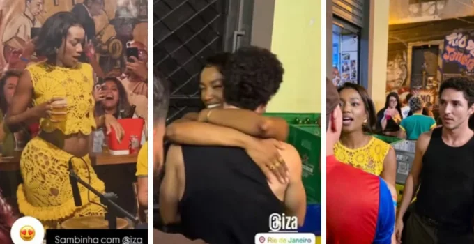 Iza é vista em roda de samba no Centro do Rio ao lado do namorado João Vitor Silva, curtindo a noite e interagindo com fãs