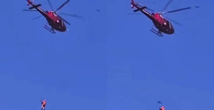 Homem é resgatado de helicóptero após deslocamento de ombro em escalada no Cosme Velho, Rio de Janeiro