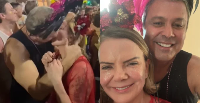 Lindbergh Farias e Gleisi Hoffmann trocam beijos apaixonados durante bloco de Carnaval no Rio de Janeiro